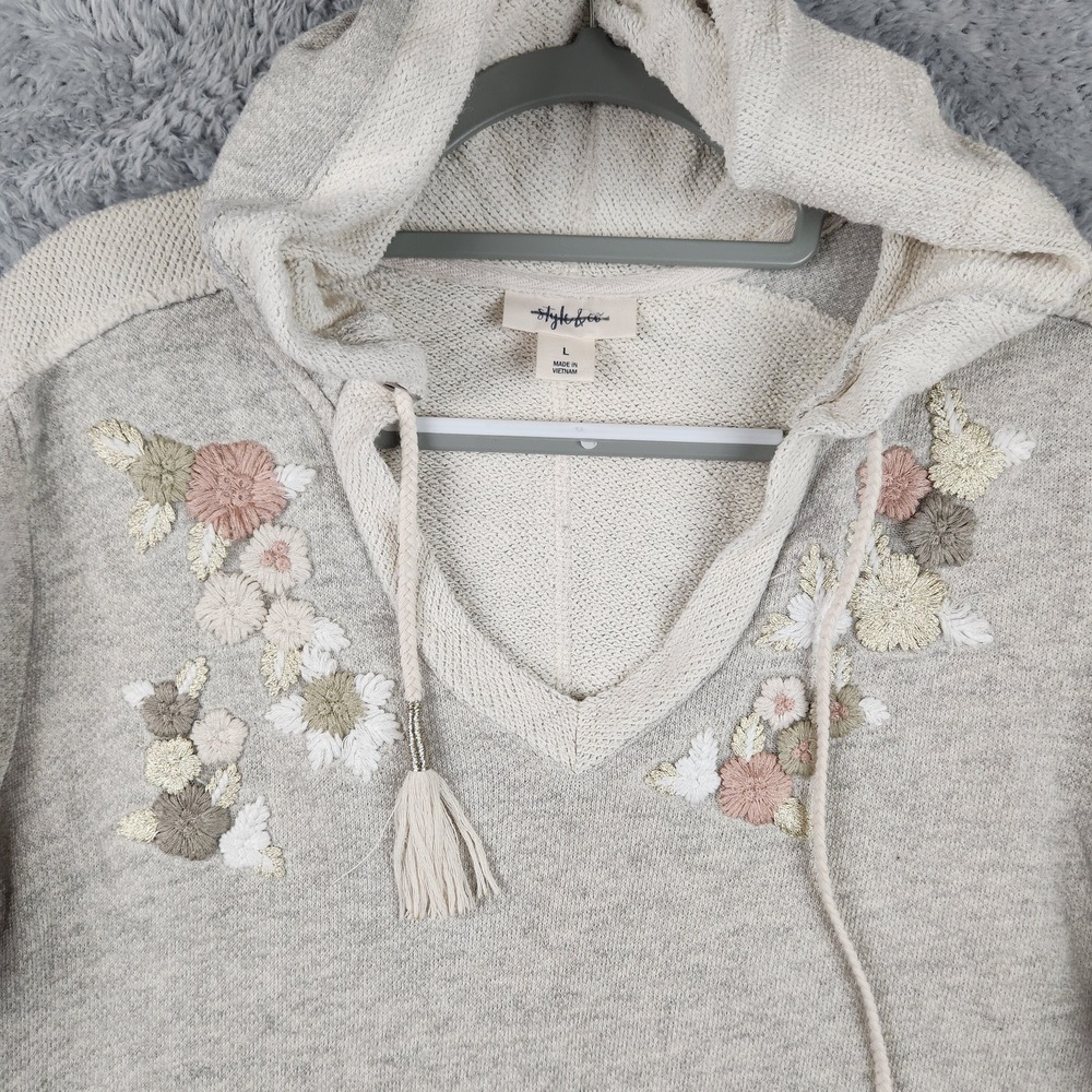 Vintage Style&co Sweater Womens Large Gray Hooded Floral Embroidered Knit Boho